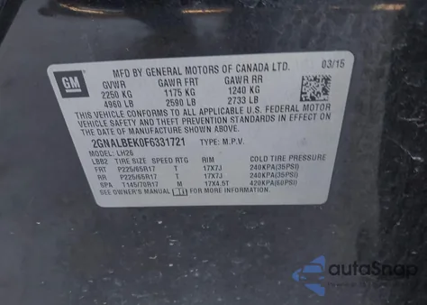 2015 Chevrolet Equinox 1Lt z USA, uszkodzony, nr VIN 2GNALBEK0F6331721